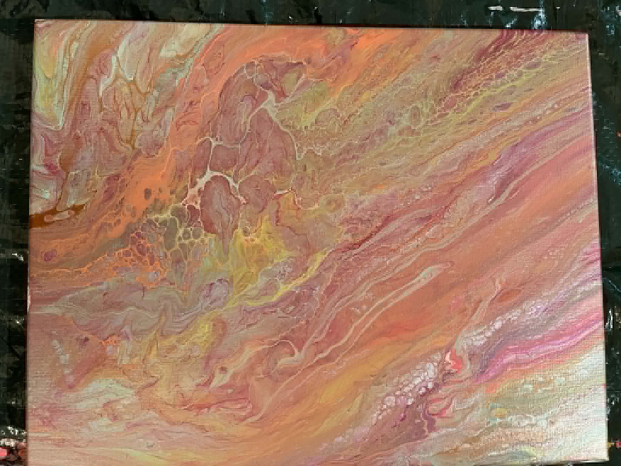 Ember Tide — a warm orange, gold, and rose fluid acrylic pour painting by Erica.